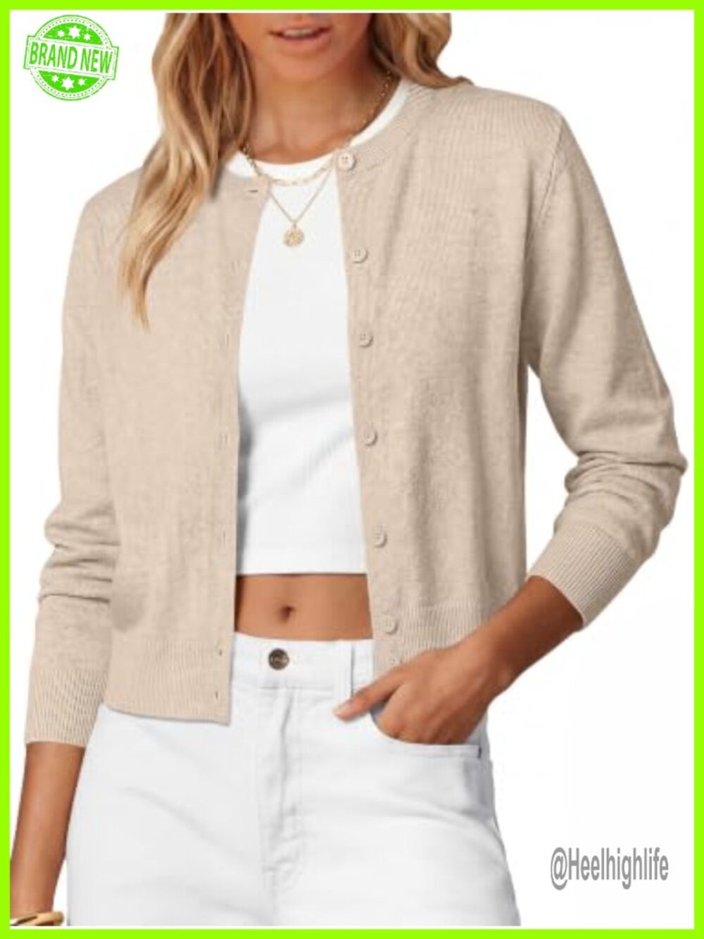 Cropped Button Up Cardigan Crew Neck Lightweight Knit Sweater